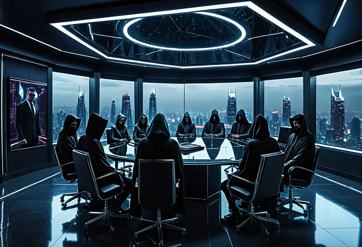 Hooded figures in a modern boardroom.