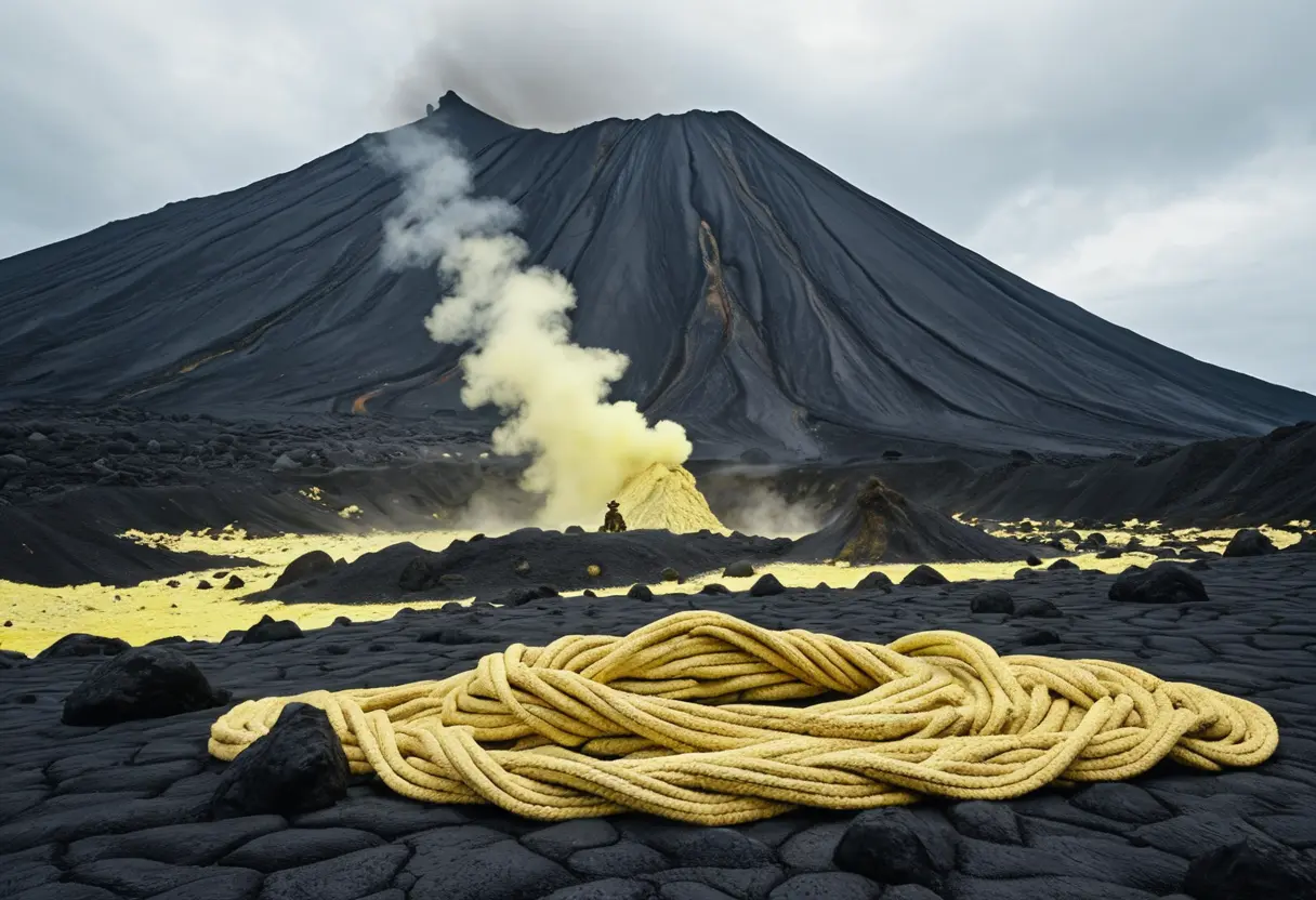 A desolate rocky landscape with yellow steam.