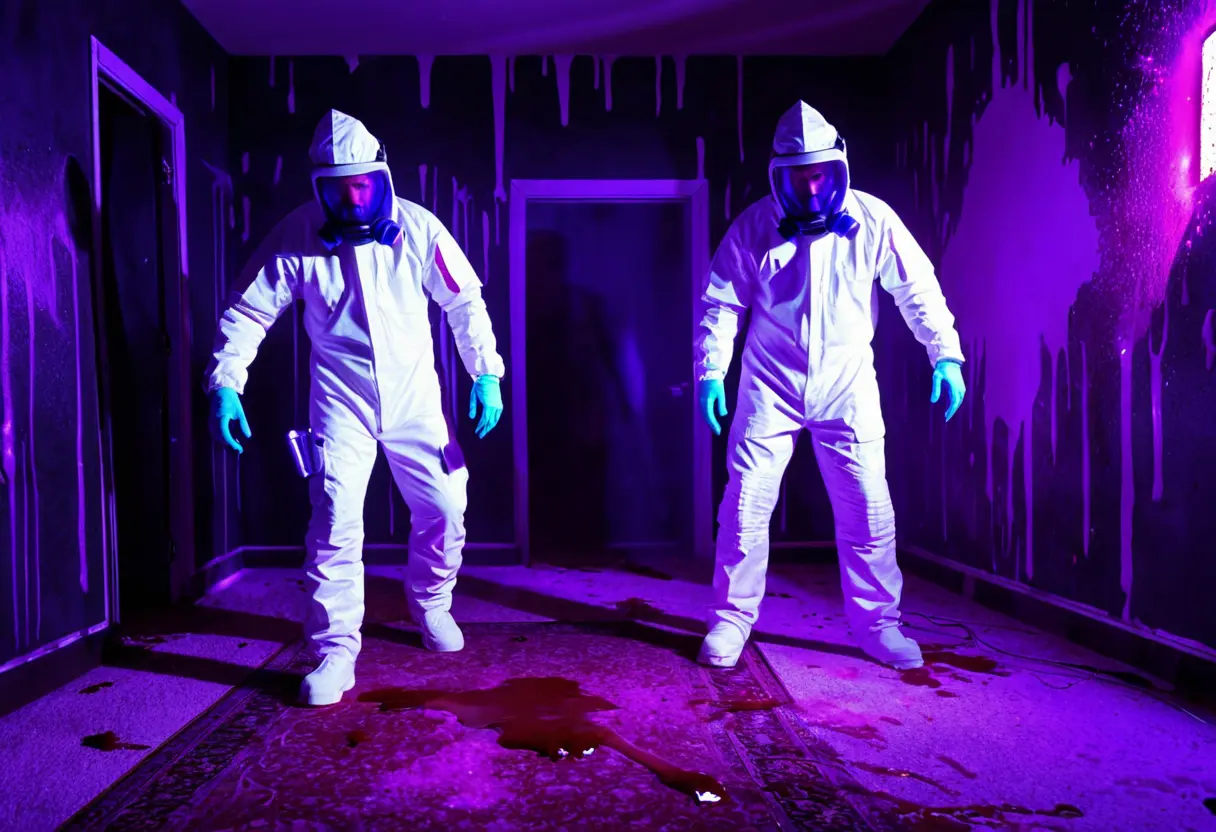 Forensics investigators searching with UV light.