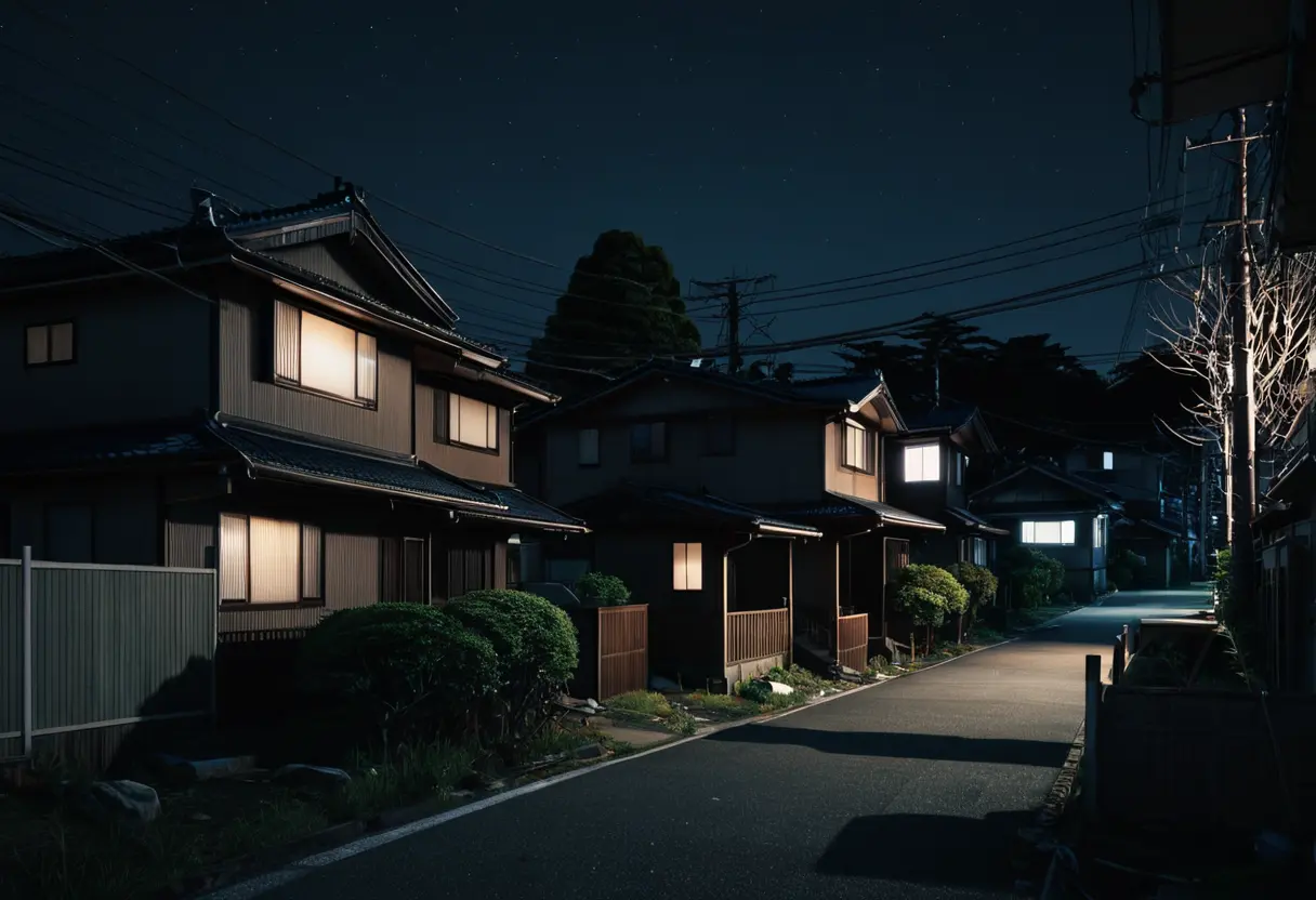 A solitary illuminated house in a dark neighborhood.