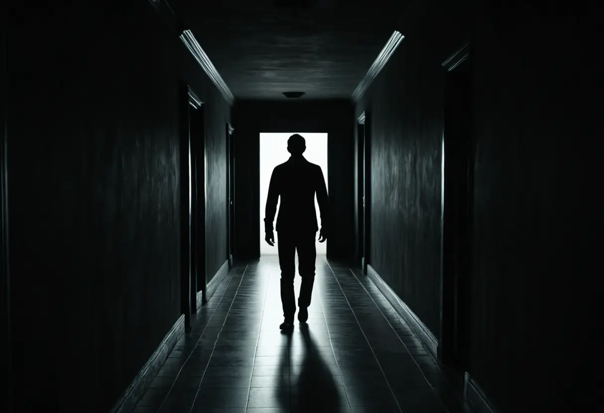 A shadow person at the end of a hallway.