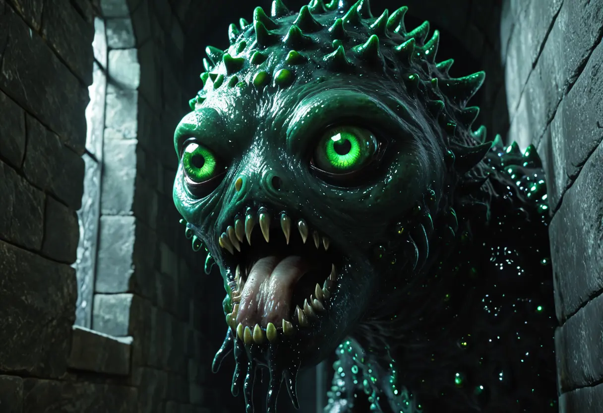 A massive Shoggoth overflowing a dark Antarctic tunnel with many eyes.