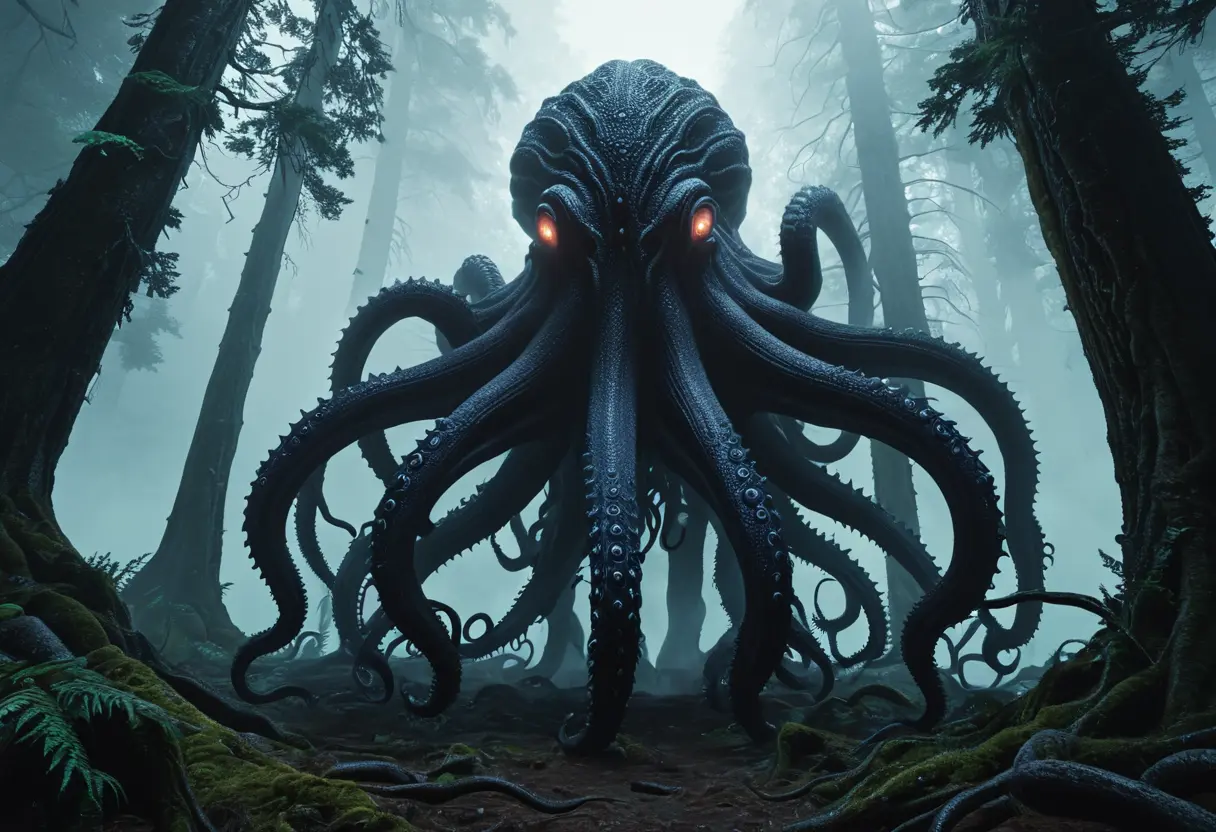 Shub-Niggurath as an amorphous mass in a foggy forest.