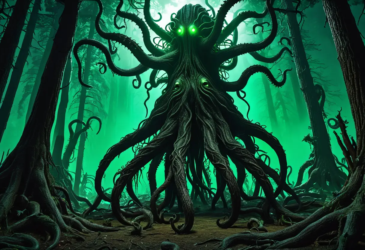 Tree-like monsters (Dark Young) standing in a dark forest.