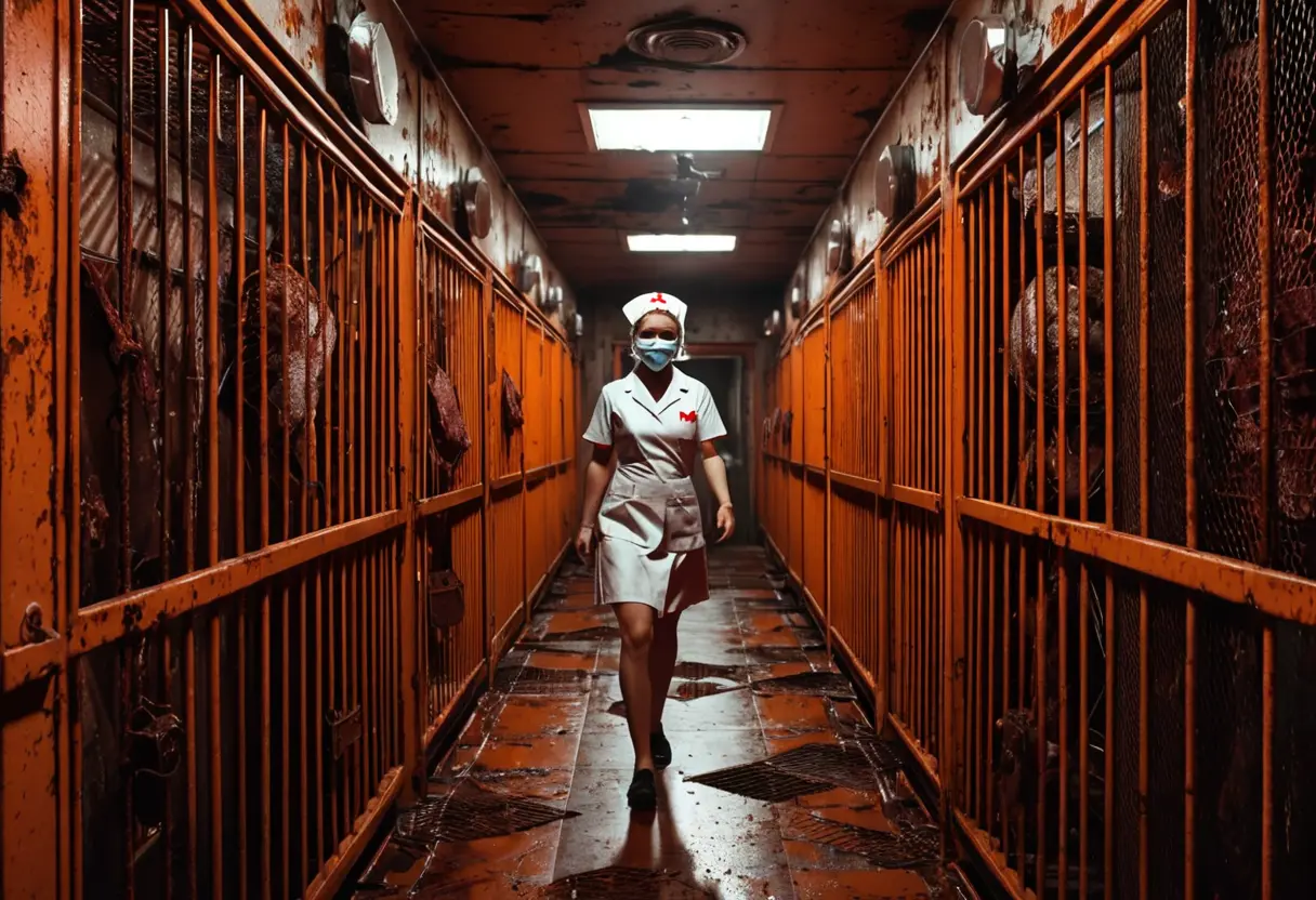 A dark, metallic room with rust.