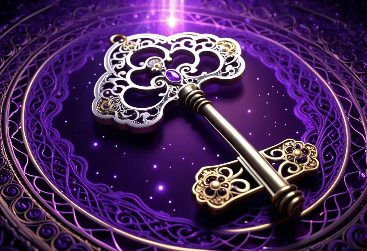 An antique silver key floating in a violet cosmic void.