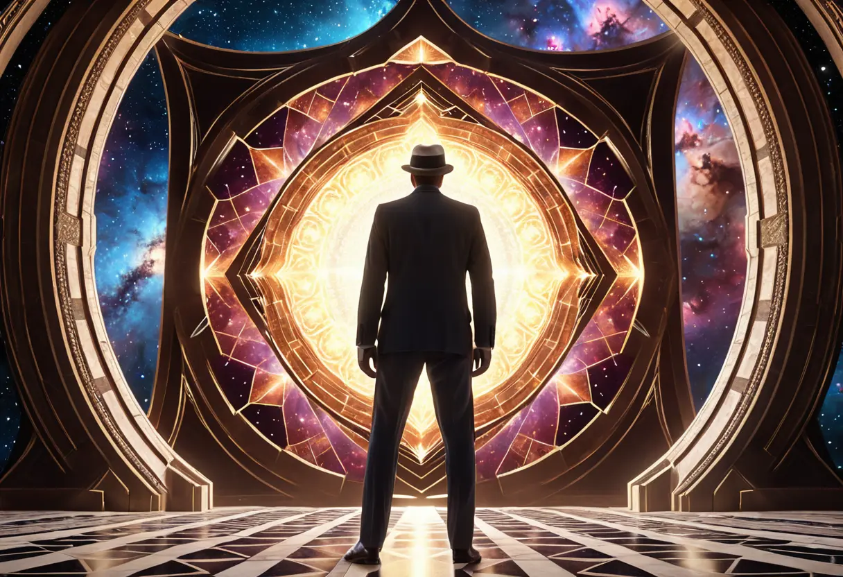 A man standing before a massive glowing geometric portal.
