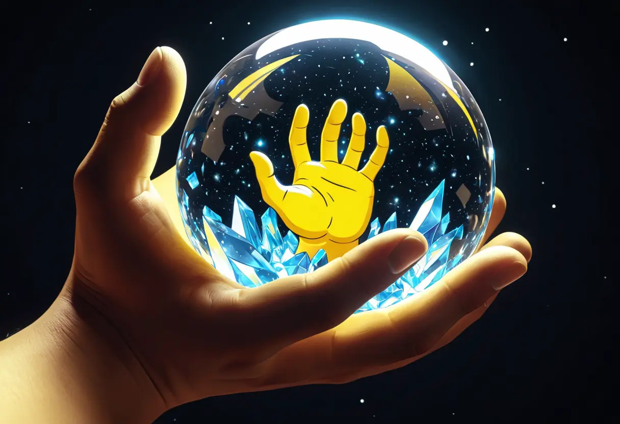 A yellow cartoon hand holding a glowing crystal ball that shows a news broadcast.