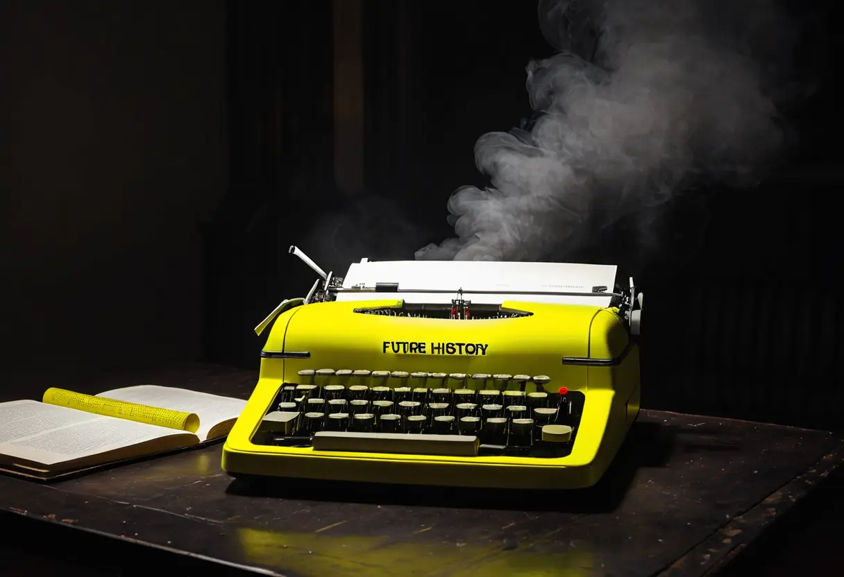 A typewriter made of neon yellow plastic, typing out a page that reads &lsquo;FUTURE HISTORY&rsquo;.