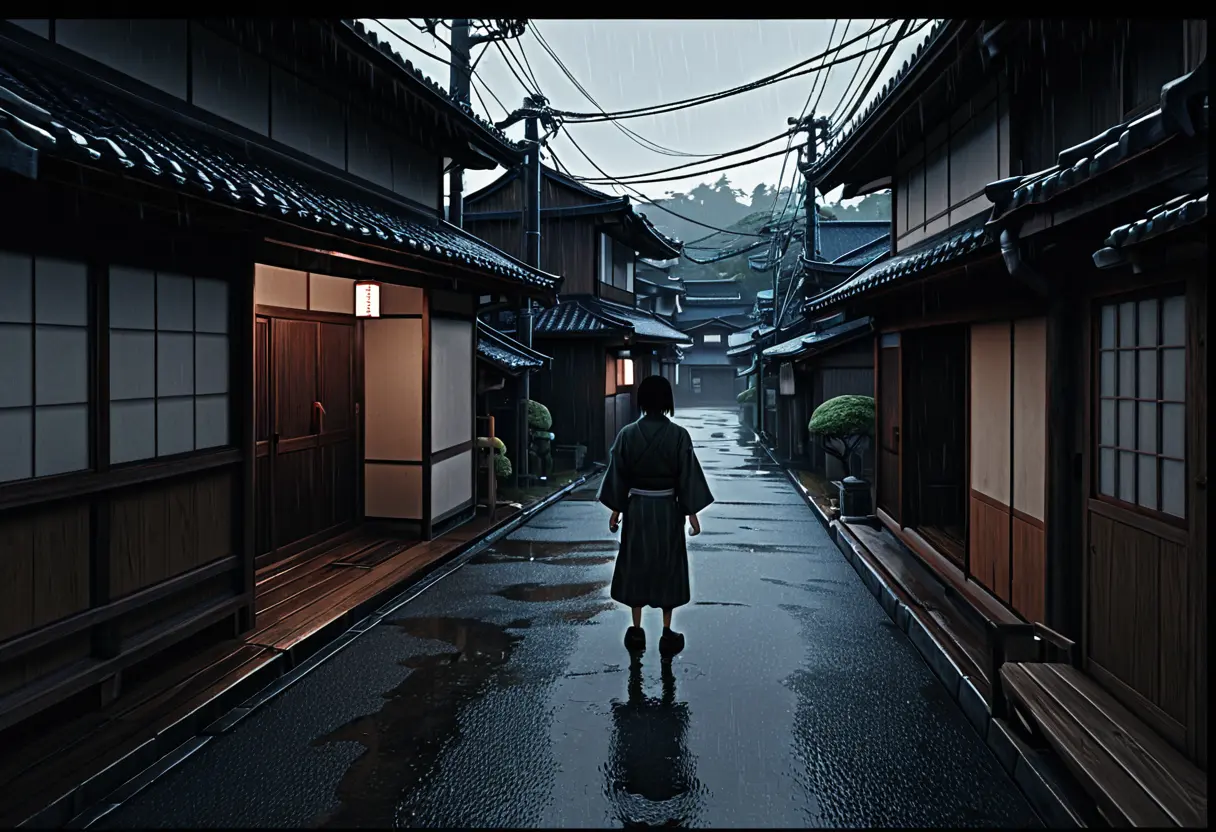 A dark, rainy street with a monster in the distance.