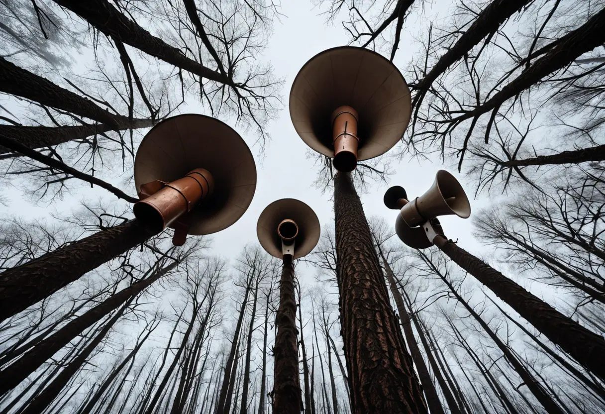 Siren Head blending into the trees.