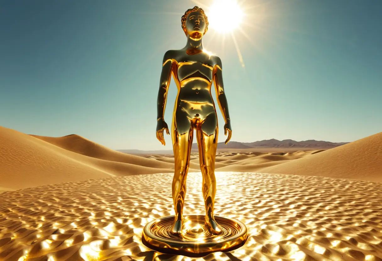 A golden statue sweating in a hot desert.