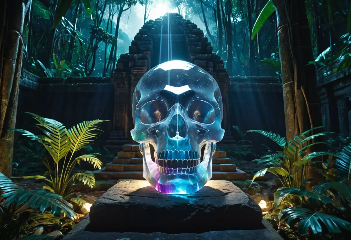 A crystal skull glowing with internal light.