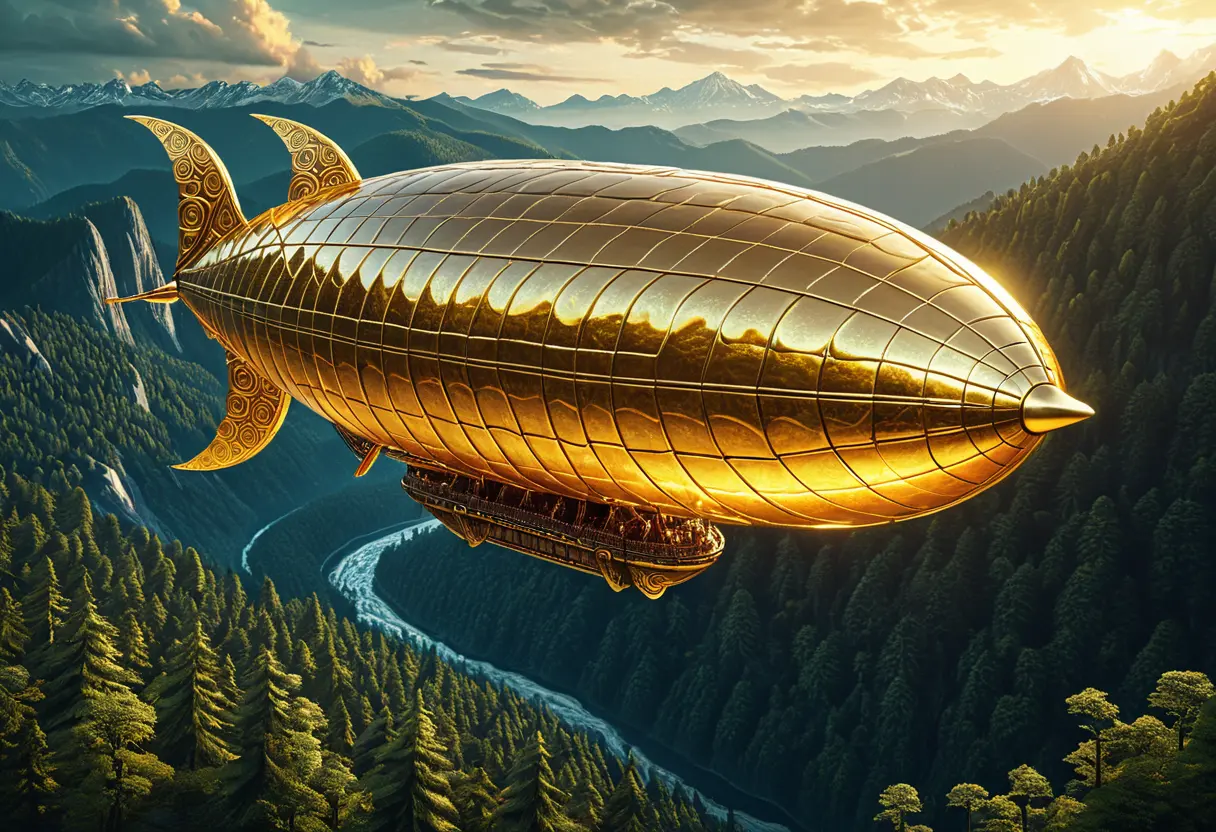 A golden magatama-shpaed airship.