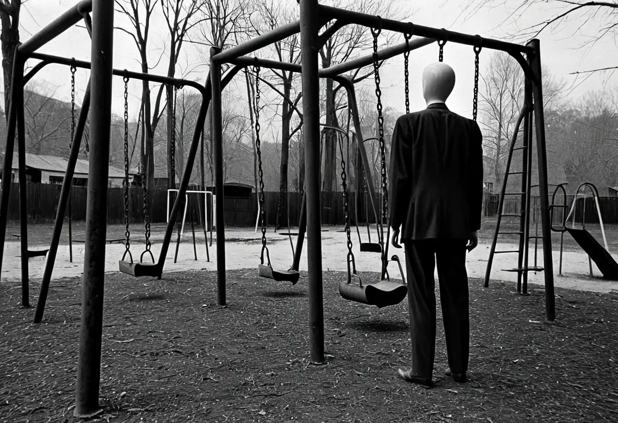 A tall shadow in an old playground.