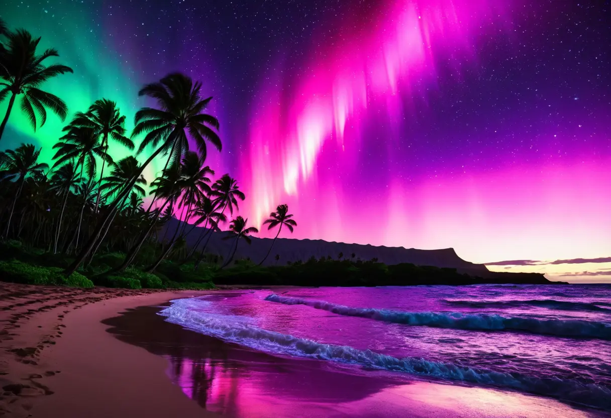 An oversized aurora borealis seen over a tropical island.
