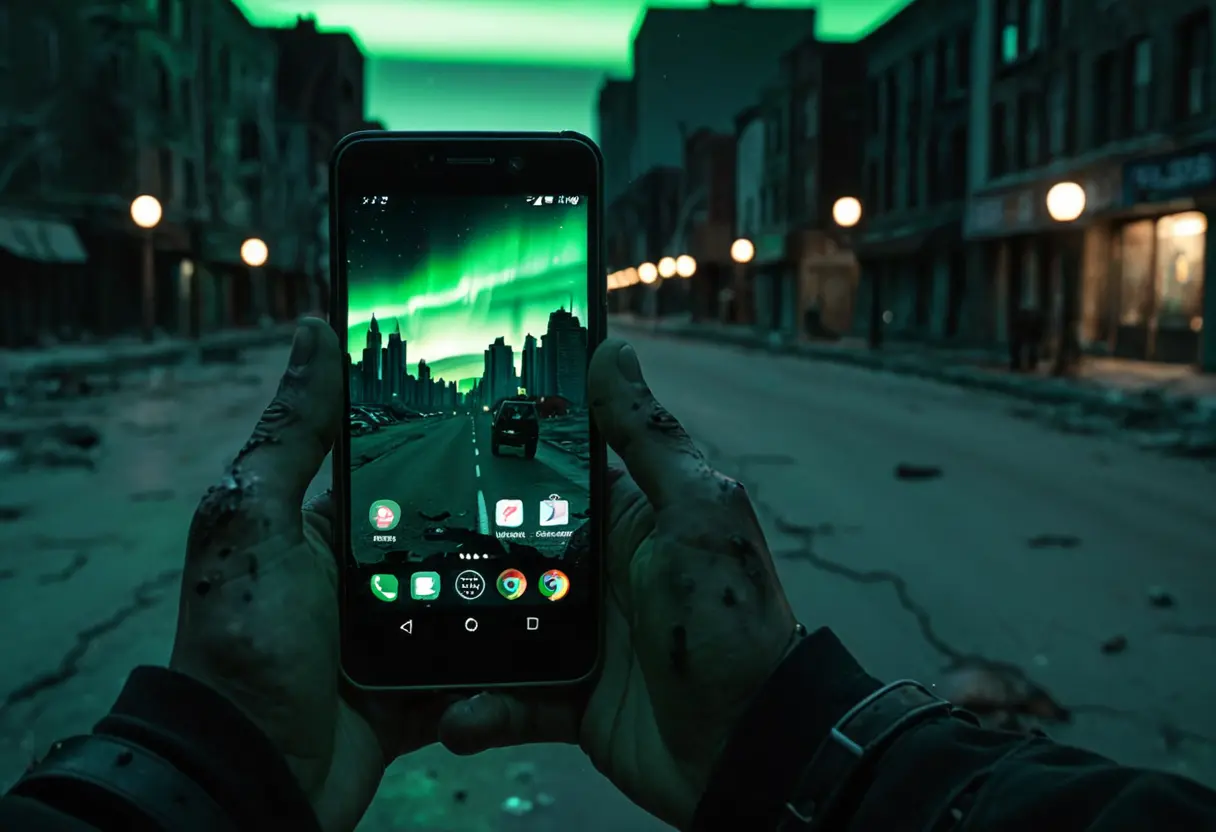 A person trying to use a dead smartphone in a dark city.