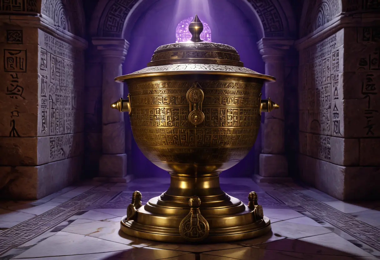 A massive brass vessel with magical seals.