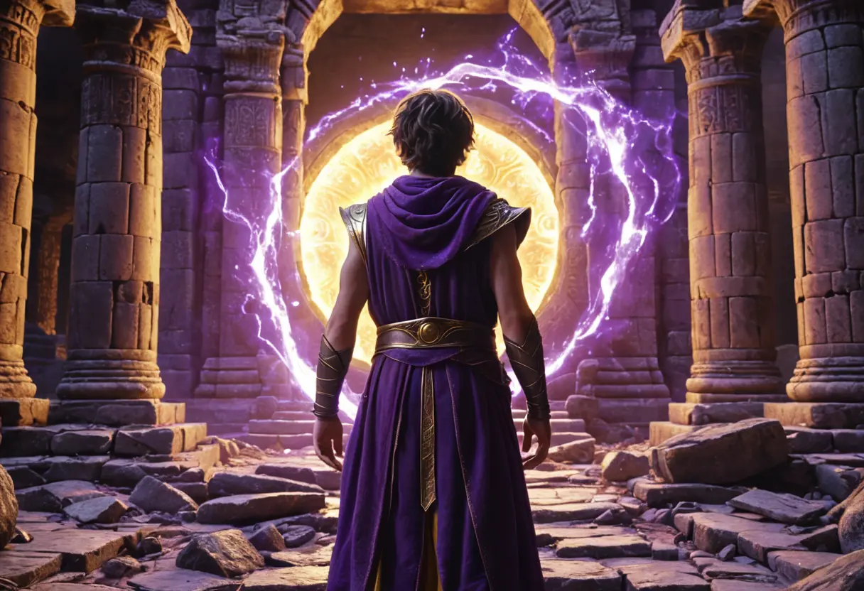 A young sorcerer with glowing eyes surrounded by chaotic purple energy.
