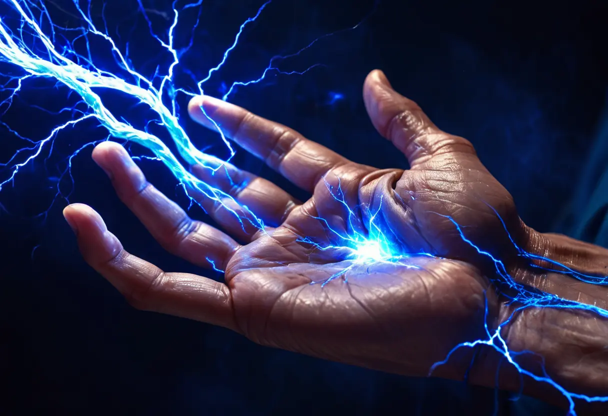 A close-up of a human hand with glowing, glowing blue veins.