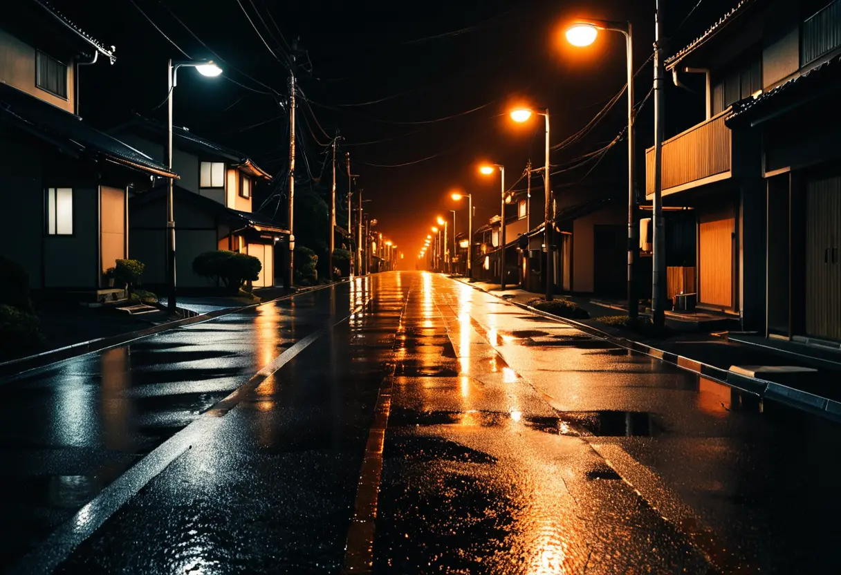 A dark residential street with long shadows of urban legend entities.