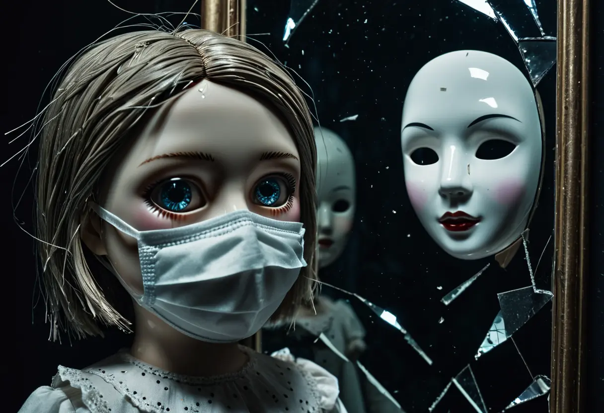 A fractured mirror showing a montage of urban legend masks and eyes.