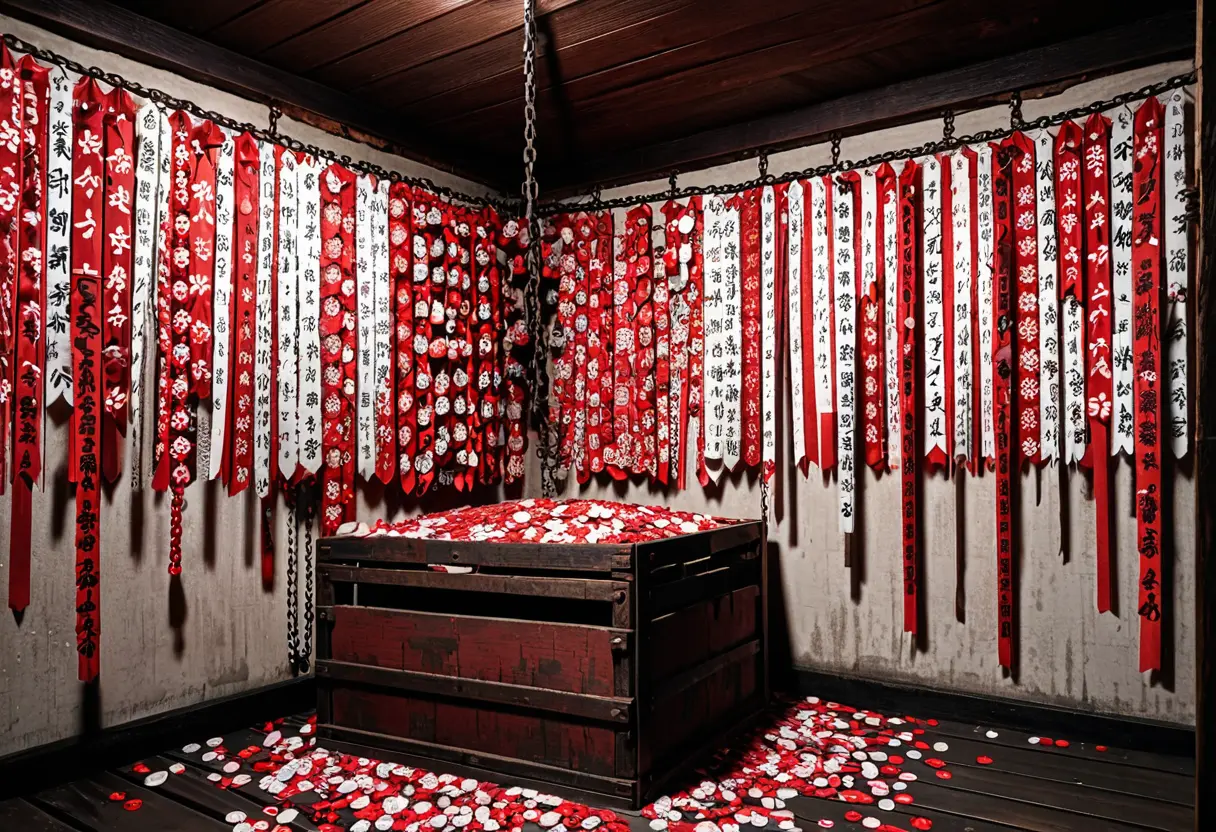 A dusty basement with red ofuda (charms) on the wall.