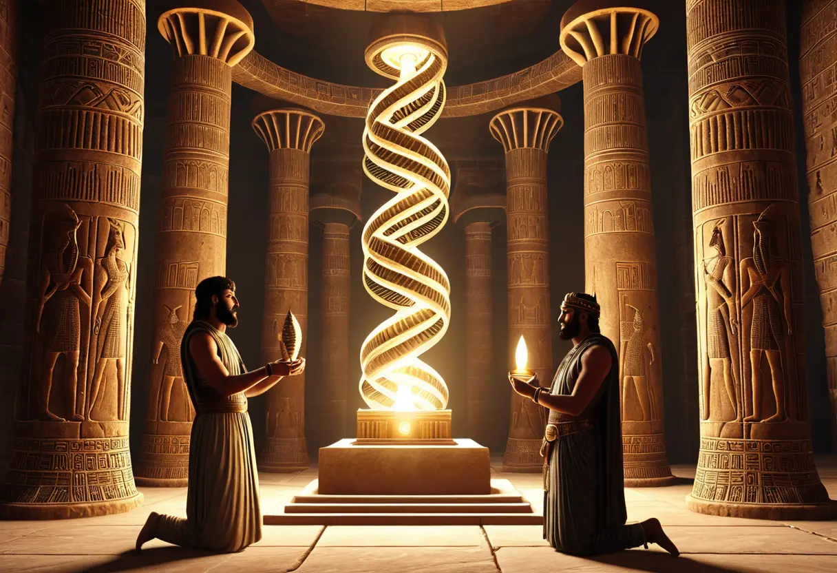 Sumerian gods as aliens sharing DNA knowledge.