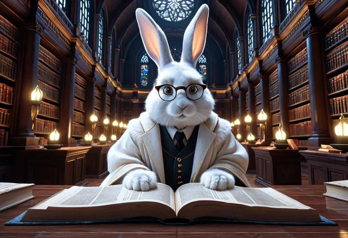 A white rabbit-like scholar in a library filled with floating books.