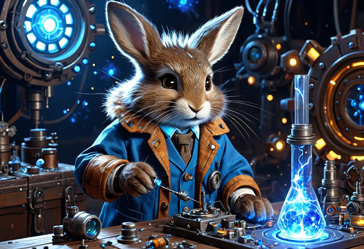 A Tabbit engineer tinkering with a glowing magitech device.