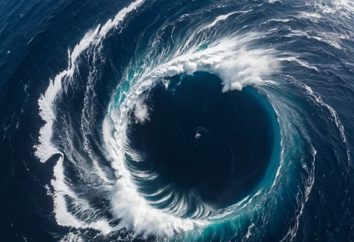 A massive wave rising in the middle of the ocean seen from space.
