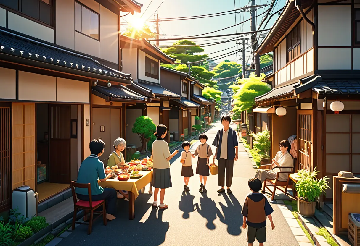 A bright, peaceful neighborhood where people are talking with smiles.