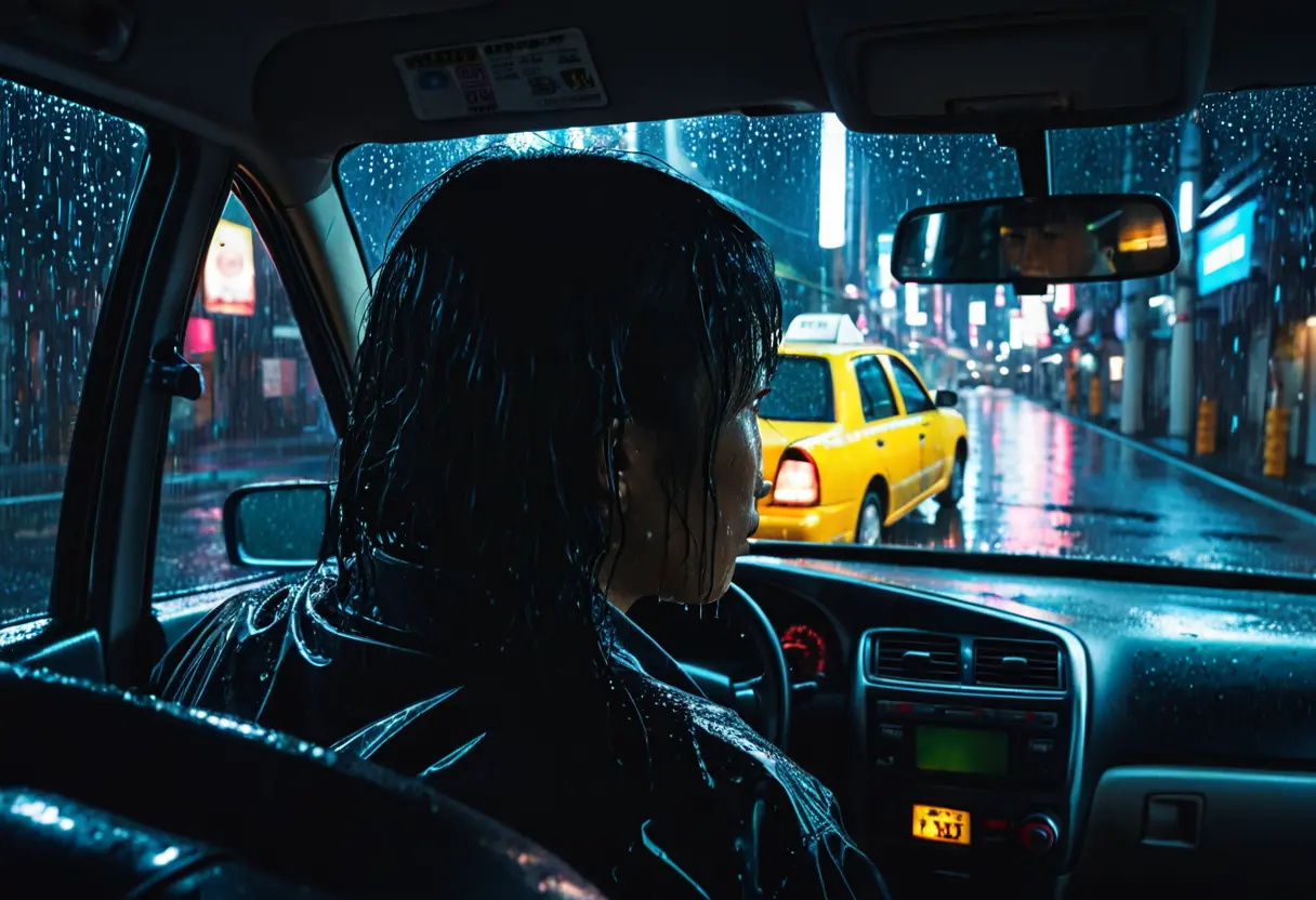 Rear-view mirror of a taxi reflecting an empty back seat with a wet patch.