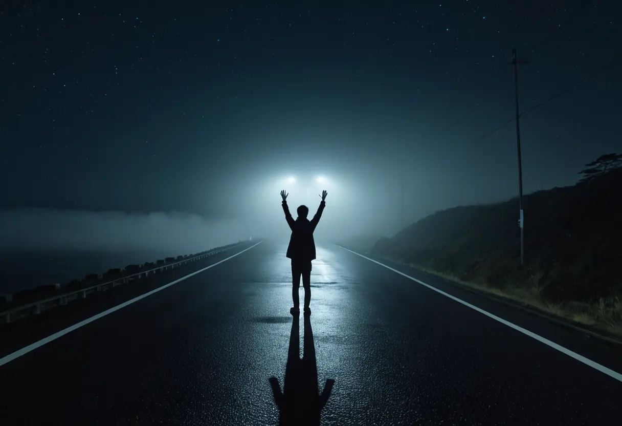 A taxi headlight illuminating a dark, empty coastal road.