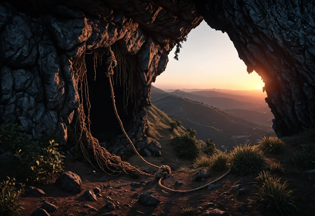 An empty cave entrance at dusk.