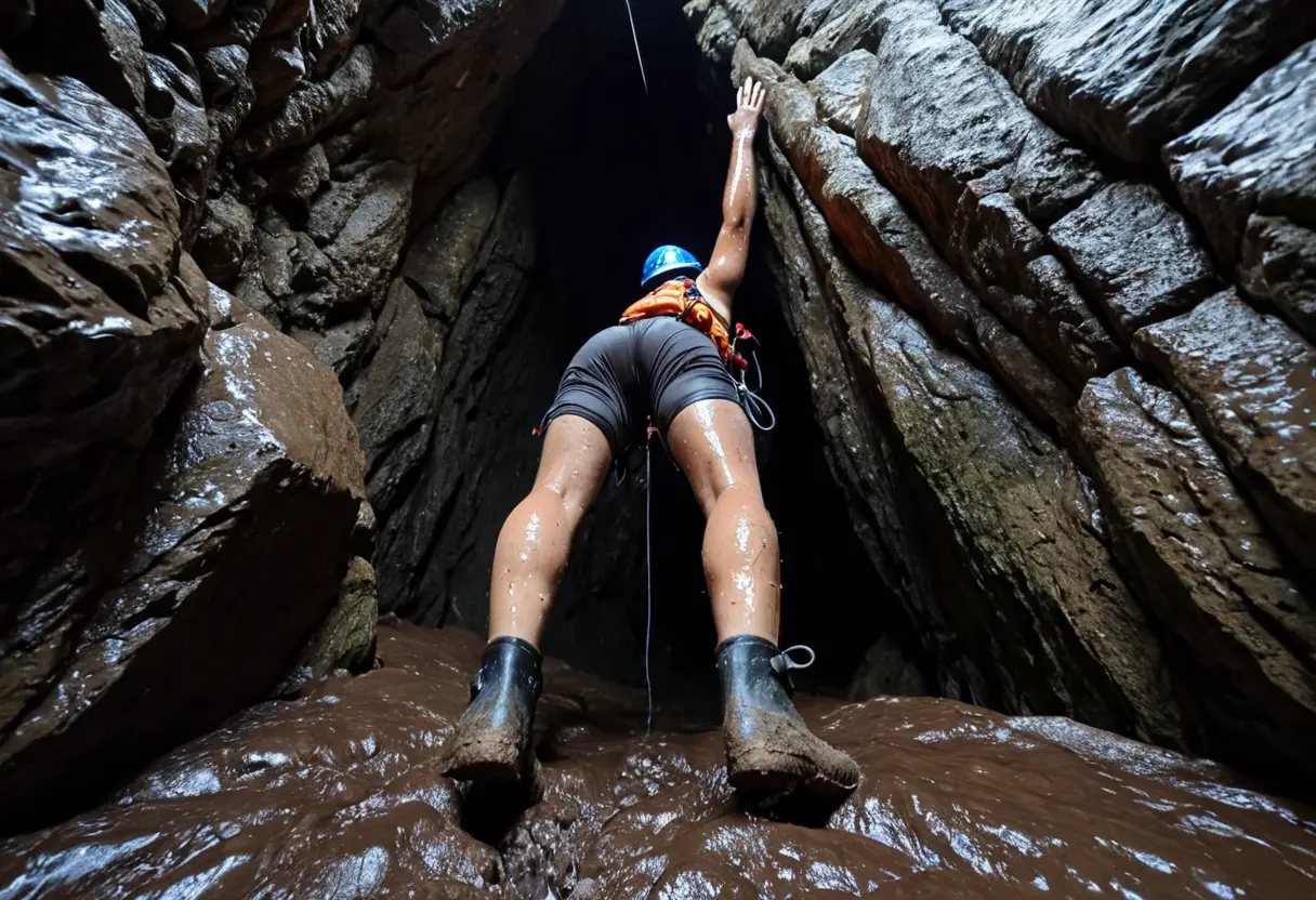 A man stuck in a tight cave passage.