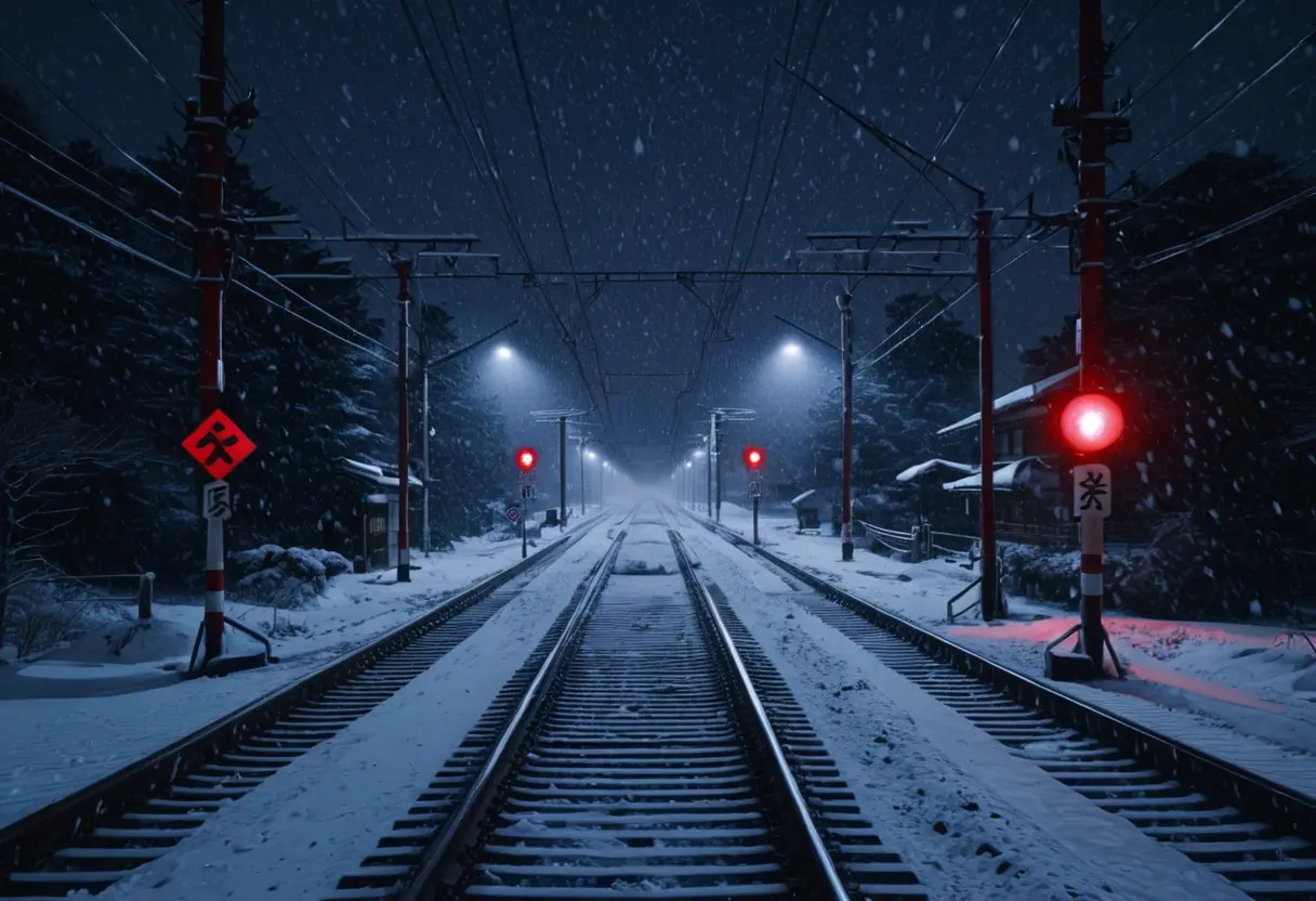 A gloomy, snowy railway crossing in Hokkaido at night.