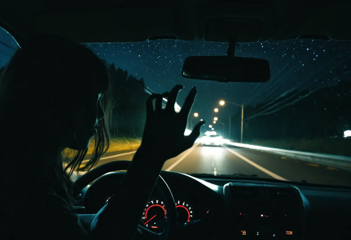 A blurred shadow of a girl&rsquo;s upper torso moving past a car window at night.