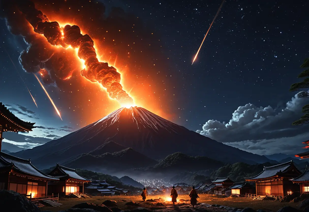 A giant meteor streaking over an ancient Japanese village.