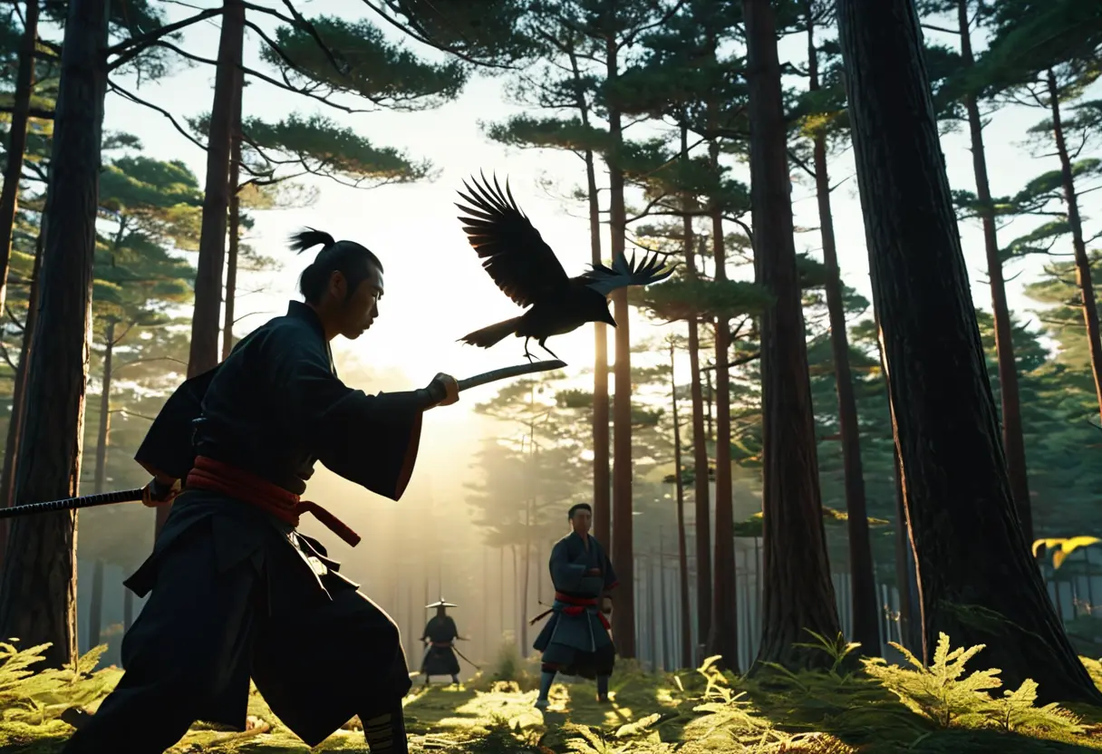 A silhouette of a warrior practicing sword with a winged figure.