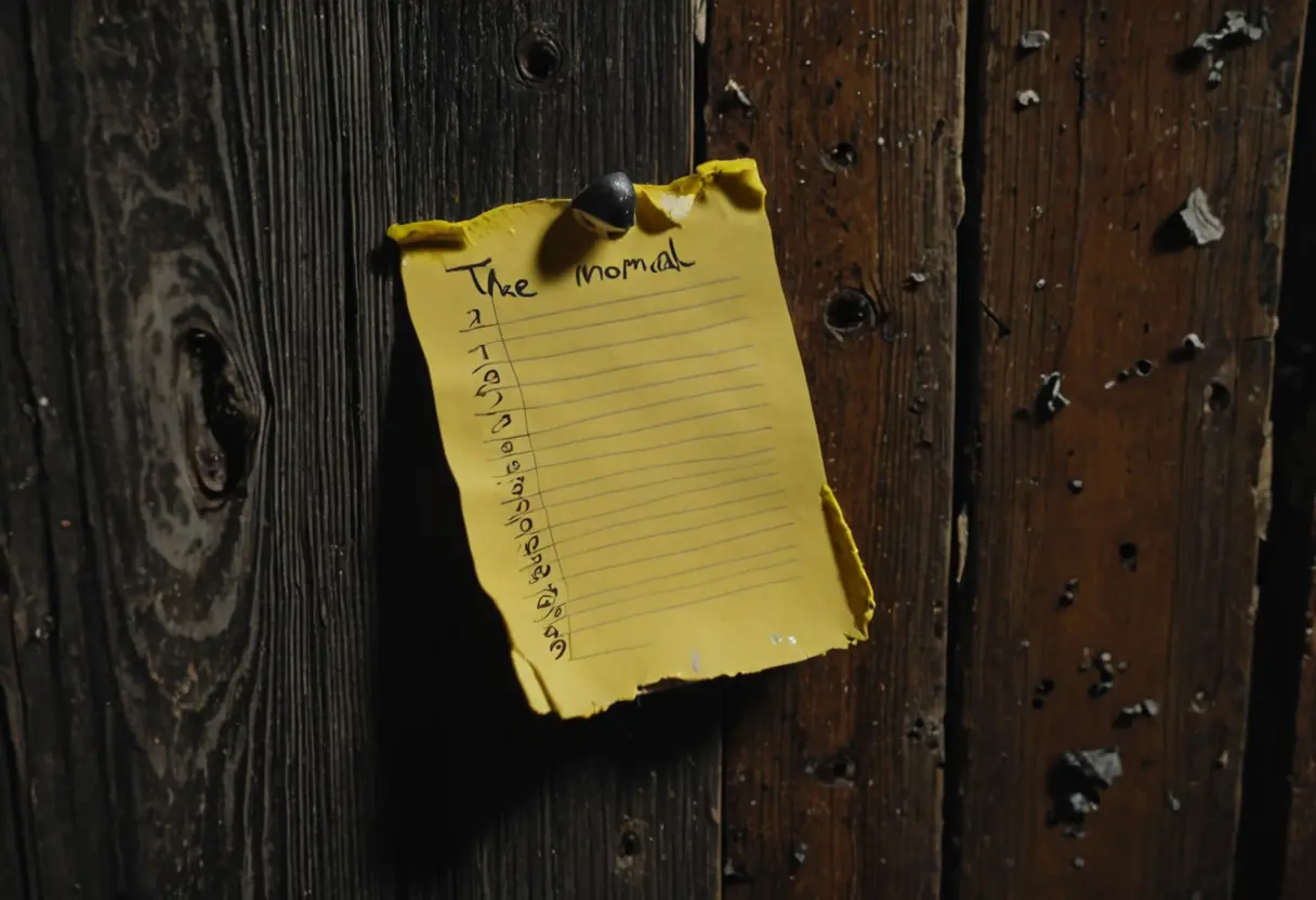 A torn piece of yellow notepad stuck to a wall with a rusty thumbtack, containing a dark list.