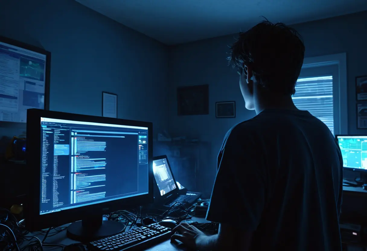 A dark, glowing computer screen in a cluttered room showing a list of search queries.
