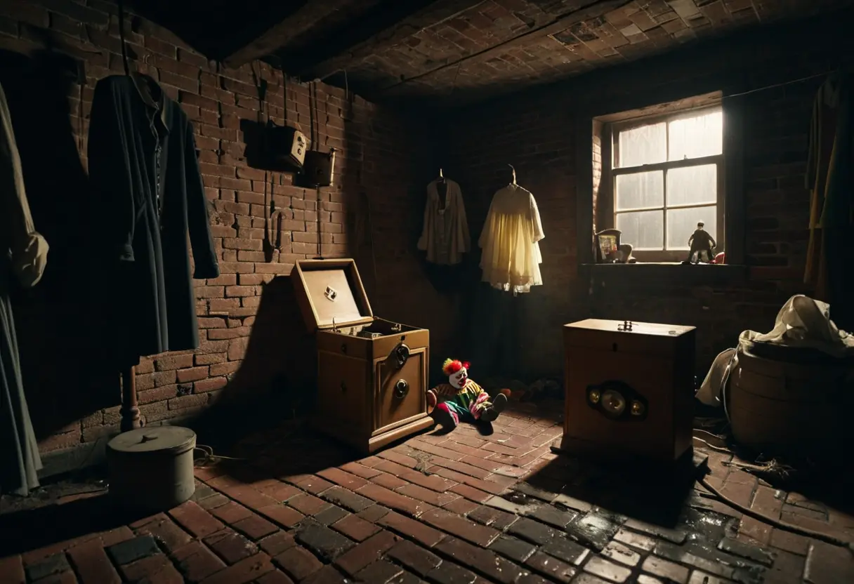 A dark cellar with a single flickering lightbulb.