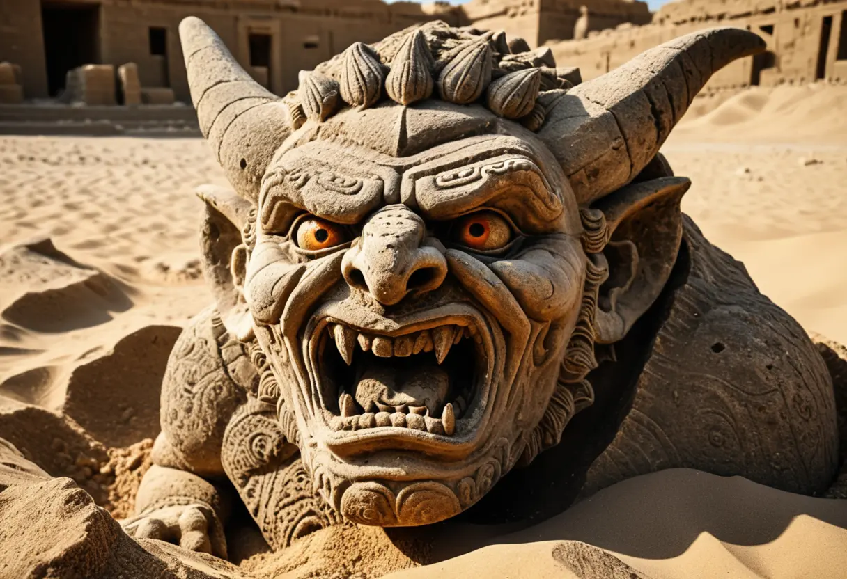 An ancient, weathered stone statue of the demon Pazuzu.