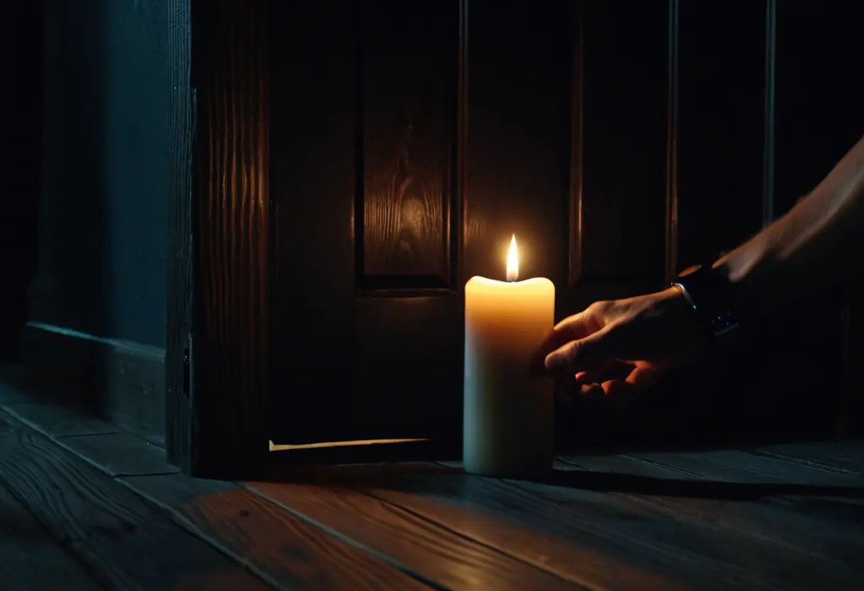 A hand knocking on a dark wooden door with a candle nearby.