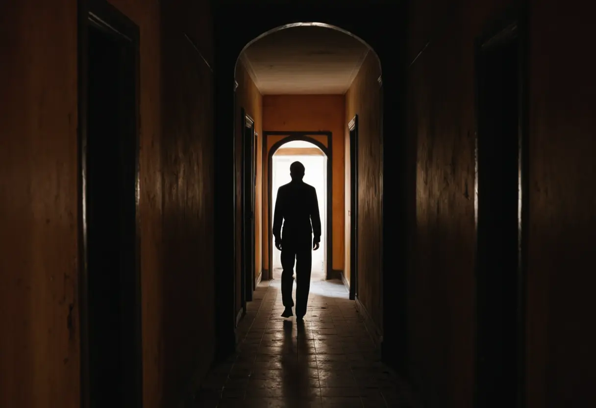 A tall, thin shadow figure at the end of a dark corridor.