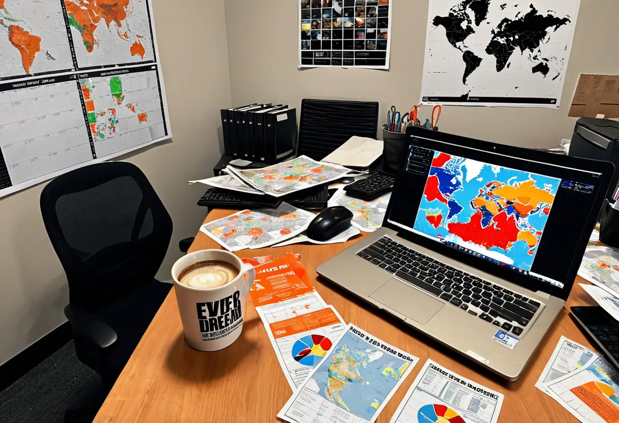 A desk covered in This Man posters.