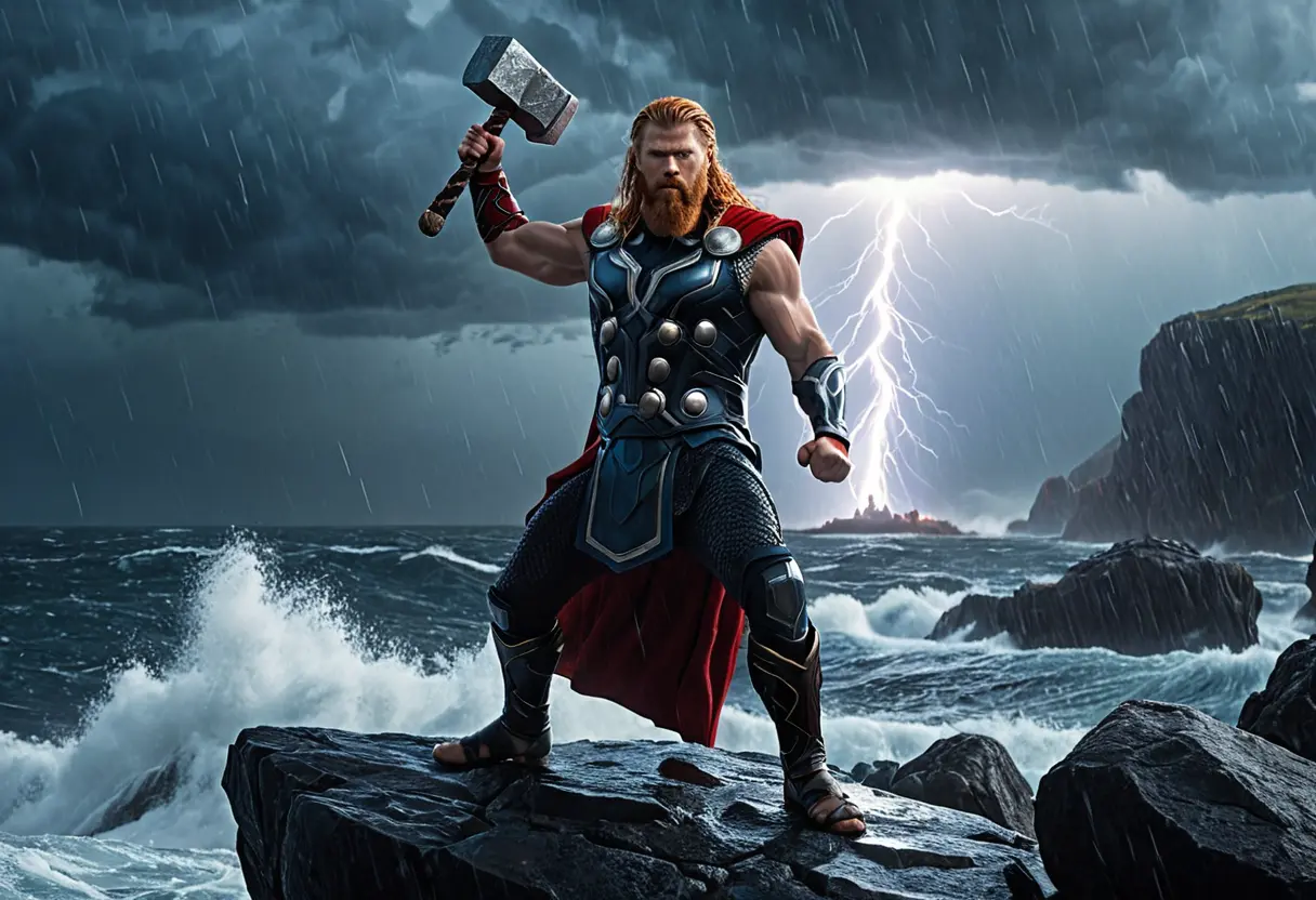 Thor raising Mjölnir in a storm.