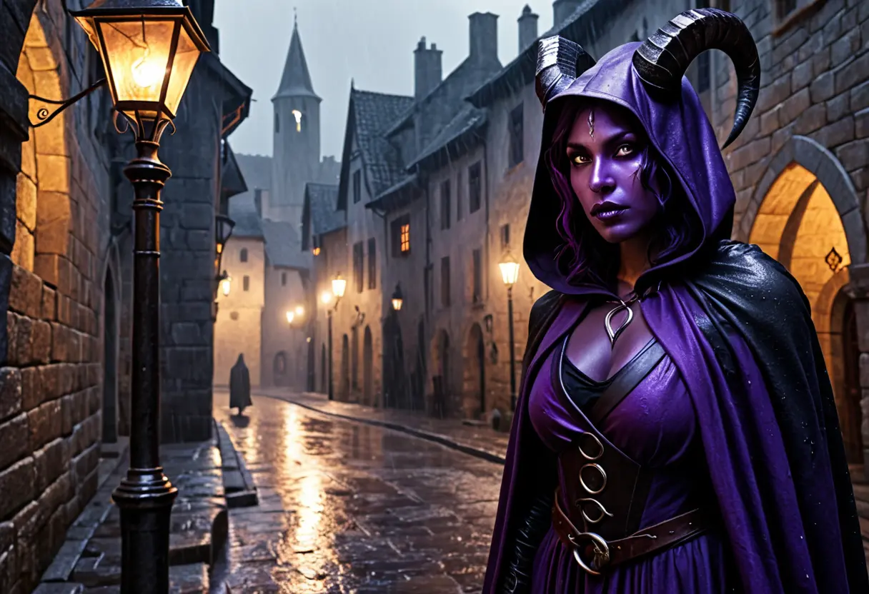 A Tiefling woman in a hooded cloak standing in a rainy city.