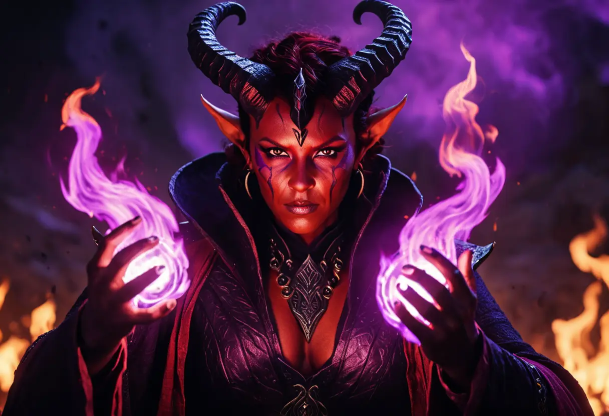 A Tiefling warlock calling forth purple fire from their palms.